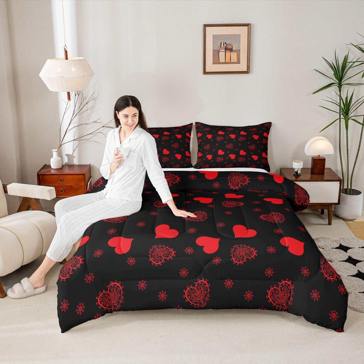 Erosebridal Romantic Love Comforter Set Queen Size Paisley Love Heart Bedding Set for Girls Women Valentine Day Comforter for Couples Bedroom Red and Black Quilt Duvet All Season