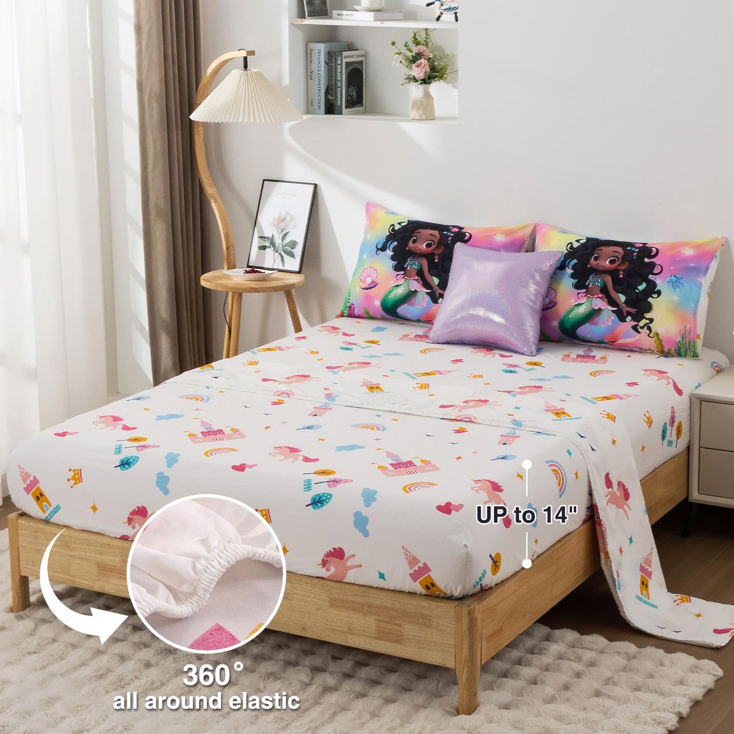 A Nice Night 6pcs Comforter Set,Black Girl Princess Mermaid with Green Tail Printed,Pink Gradient Glitter Rainbow Background Kids Bedding Set,Twin