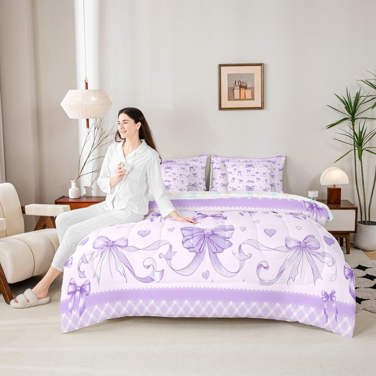 Feelyou Bowknot Comforter Set with Sheets 7 Piece Twin Size Dreamy Princess Bedding Set for Kids Boys Girls Cute Bow Bed in a Bag Love Hearts Room Decor Soft Lightweight Microfiber