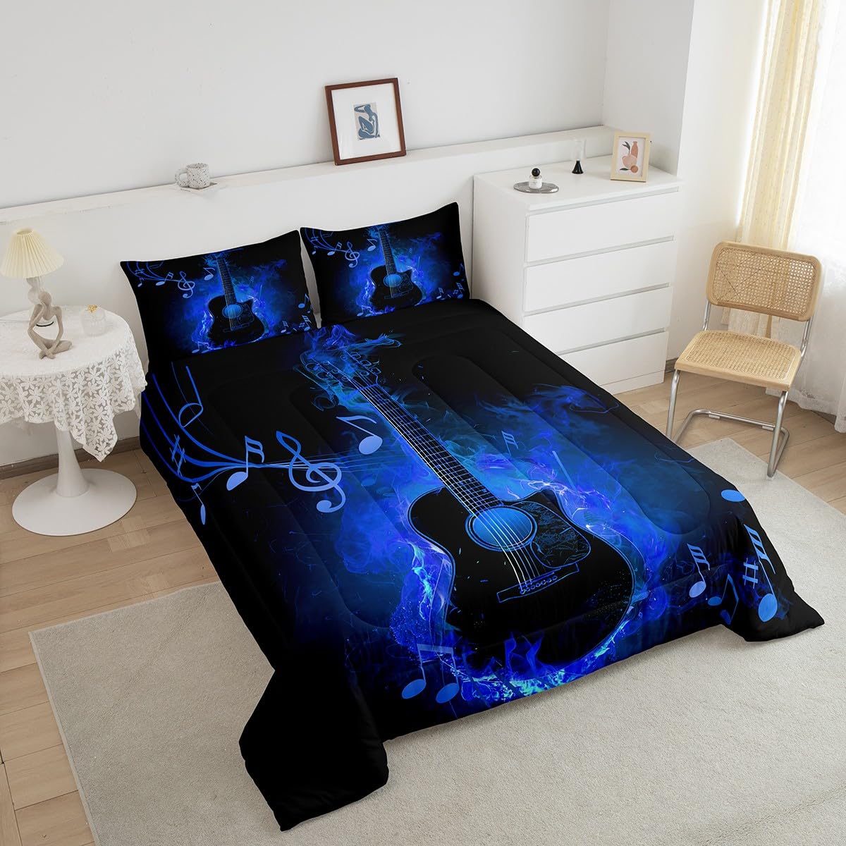 Manfei Electric Guitar Comforter Set,Rock Music Theme Guitar Musical Notes Bedding Set for Teens Adults Room,Neon Blue Glowing Modern Artistic Quilt Set,Blue Black 3 Pcs with 2 Pillowcases,Queen