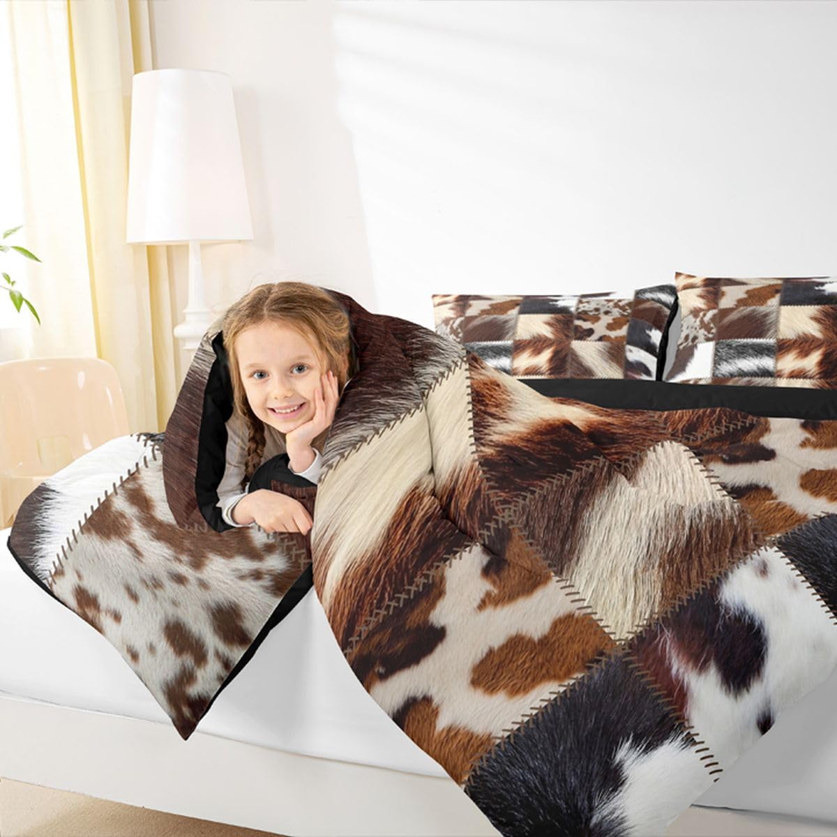 jejeloiu Cowhide Pattern Comforter Set Queen Size Cow Fur Print Bedding Set for Boys Girls Cowhide Patchwork Duvet Quilt Western Farm Animal Skin Bedroom Decor Microfiber 3 Pcs with 2 Pillow Cases