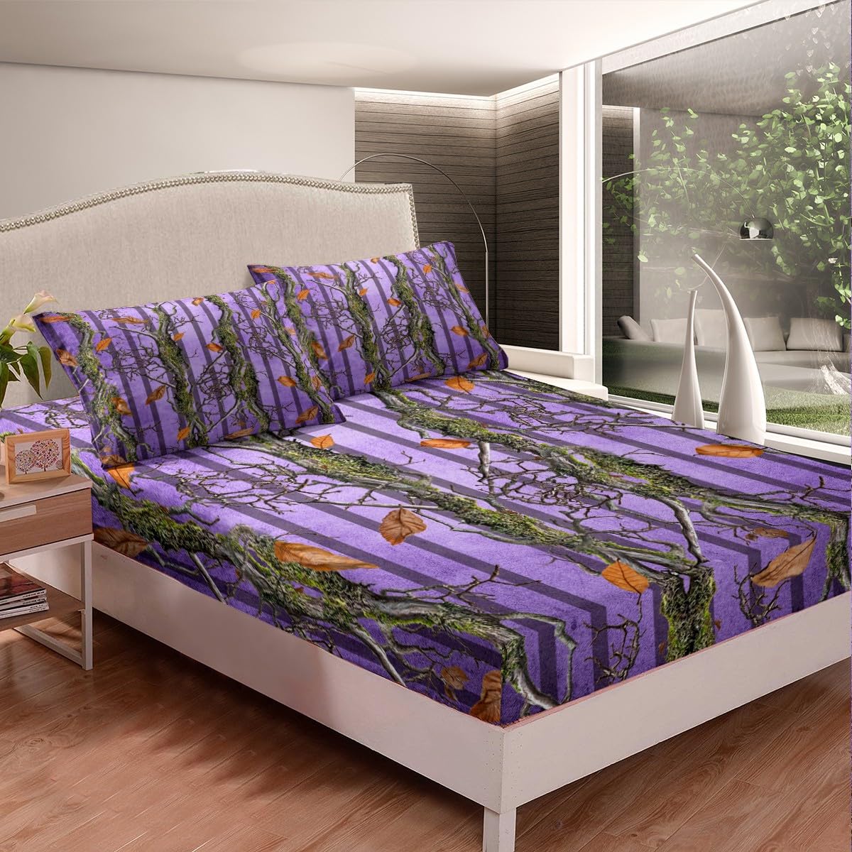 Tree Branches Kids Fitted Sheet Twin Size,Botanical Leaves Rustic Nature Bedding Set,Boys Girls Room Decor,Jungle Hunting Cabin Adventure Bed Cover,Purple Bed Sheet,1 Pillowcase(No Top Sheet)