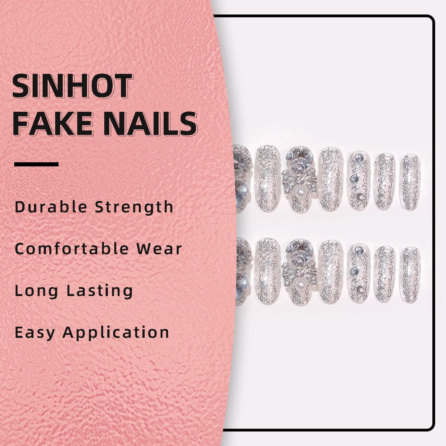 SINHOT Luxury Press on Nails - Medium Almond Fake Nails 3D Handmade Glitter & Bowknots Reusable False Nails with Rhinestone Designs,DIY Artificial Nail Art, 24pcs
