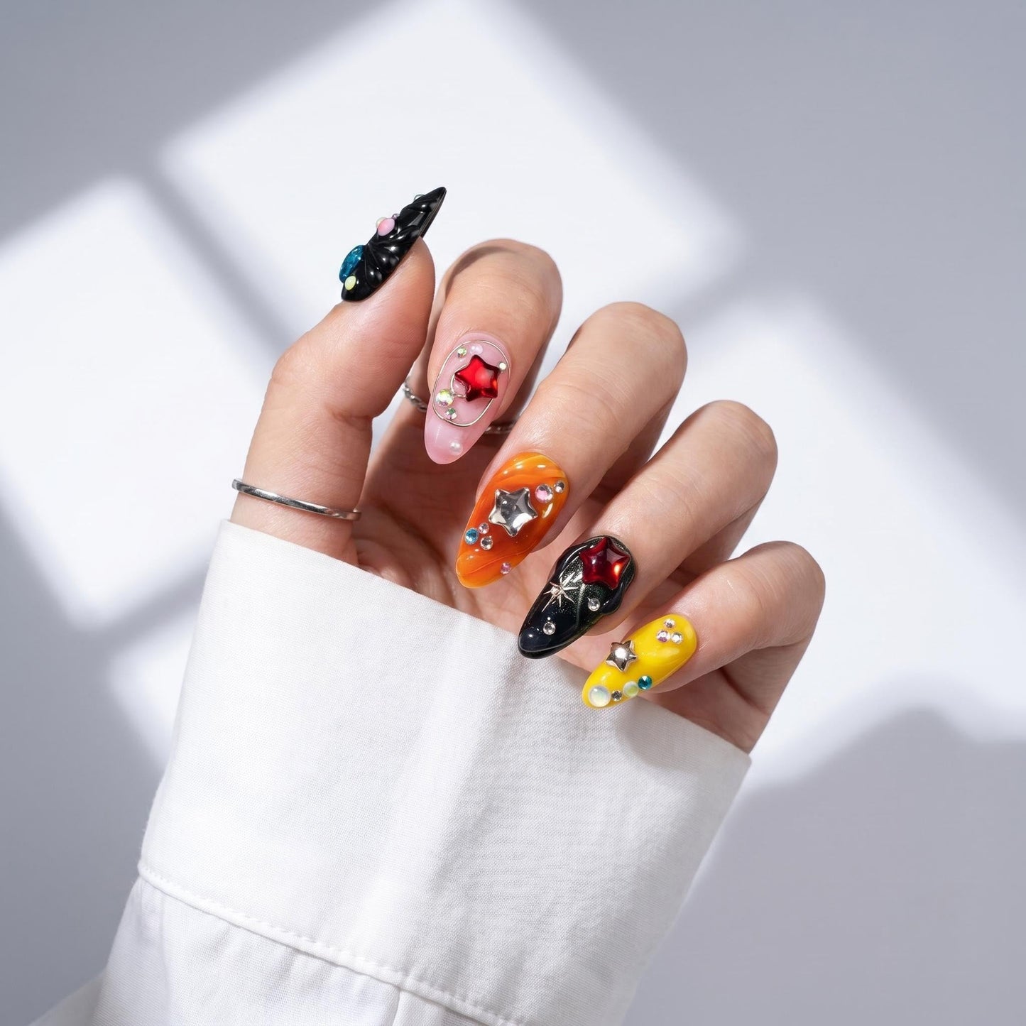 EasierGlow 10 Pcs Handmade Short Almond Press On Nails - Easy Apply & Remove, Reusable & Salon Quality | Y2K Gothic Multicolor Fake Nails with 3D Star, Gemstone & Swirl Sculpted Accents (EG01, S)
