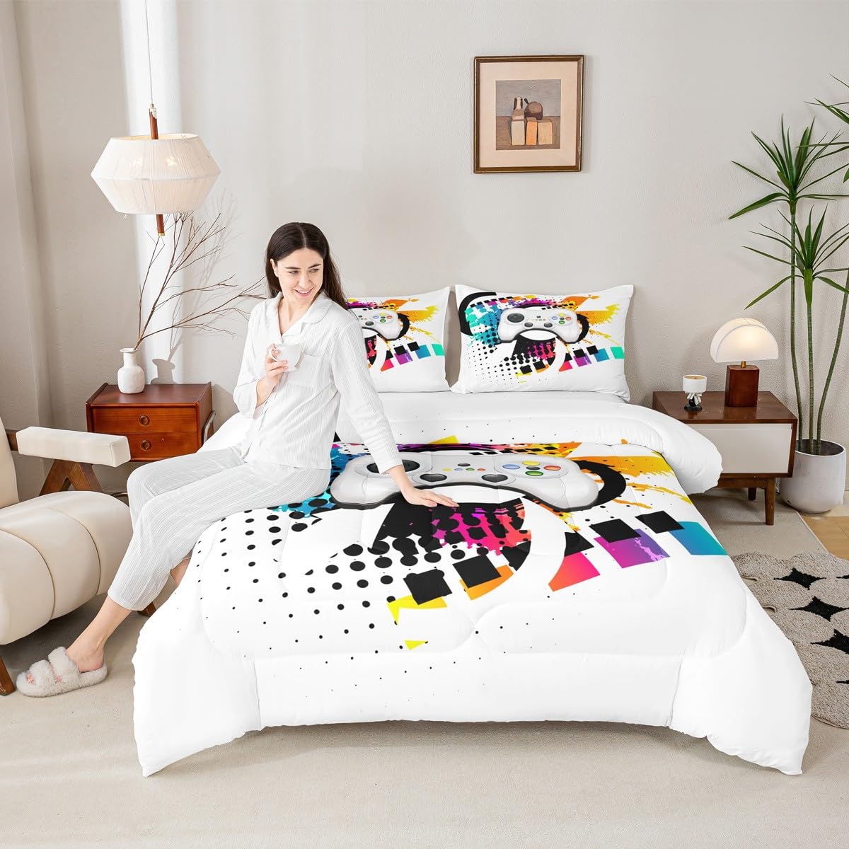 Kids Gaming Comforter Set Queen Gamer Bedding Set, Modern Console Game Controller Duvet Set For Boys Girls Teens, White Gamepad Quilt Set, Tie Dye Colorful Comforter Set Grey White Soft Bedding Set