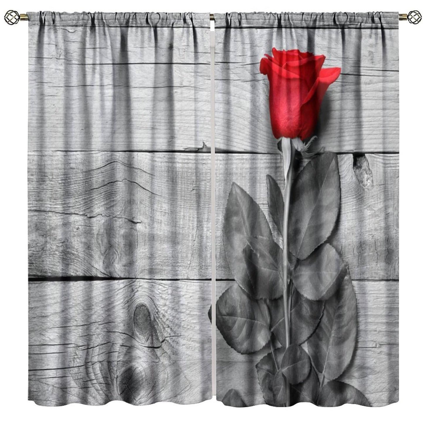 GoDazzling Red Rose Wooden Floral Curtains, Farmhouse Rustic Flower Black Red Rod Pocket Window Drapes, for Bedroom Living Room. 41" W X 45" L (No Blackout)
