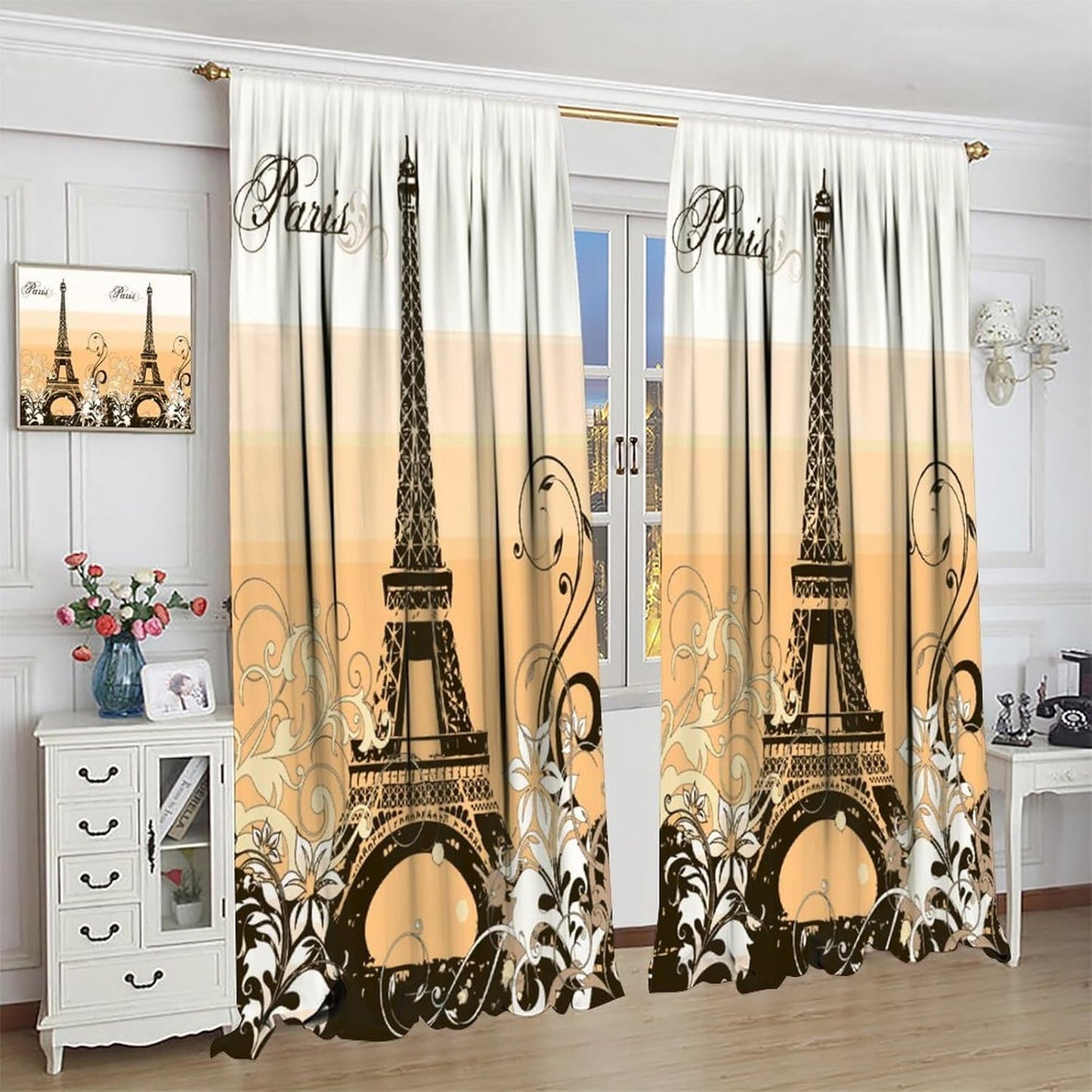 HZOHNAGO Paris Eiffel Tower Curtains Retro Figure Vintage Golden Tower Pattern Blackout Print Rod Pocket Window Drapes for Bedroom Living Room 42x45in