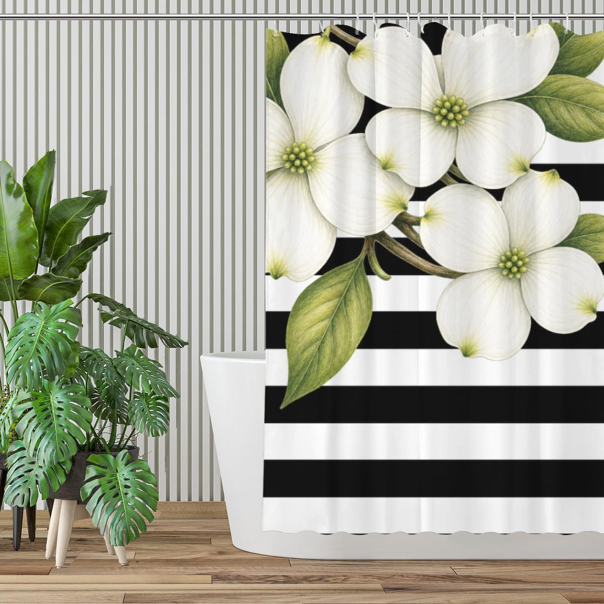 TopPacific White Blossom Stripe Shower Curtain 72x72 Inch Shower Curtain with 12 Hooks Polyester White Blossoms Green Leaves Black White Stripes Bathroom Decor