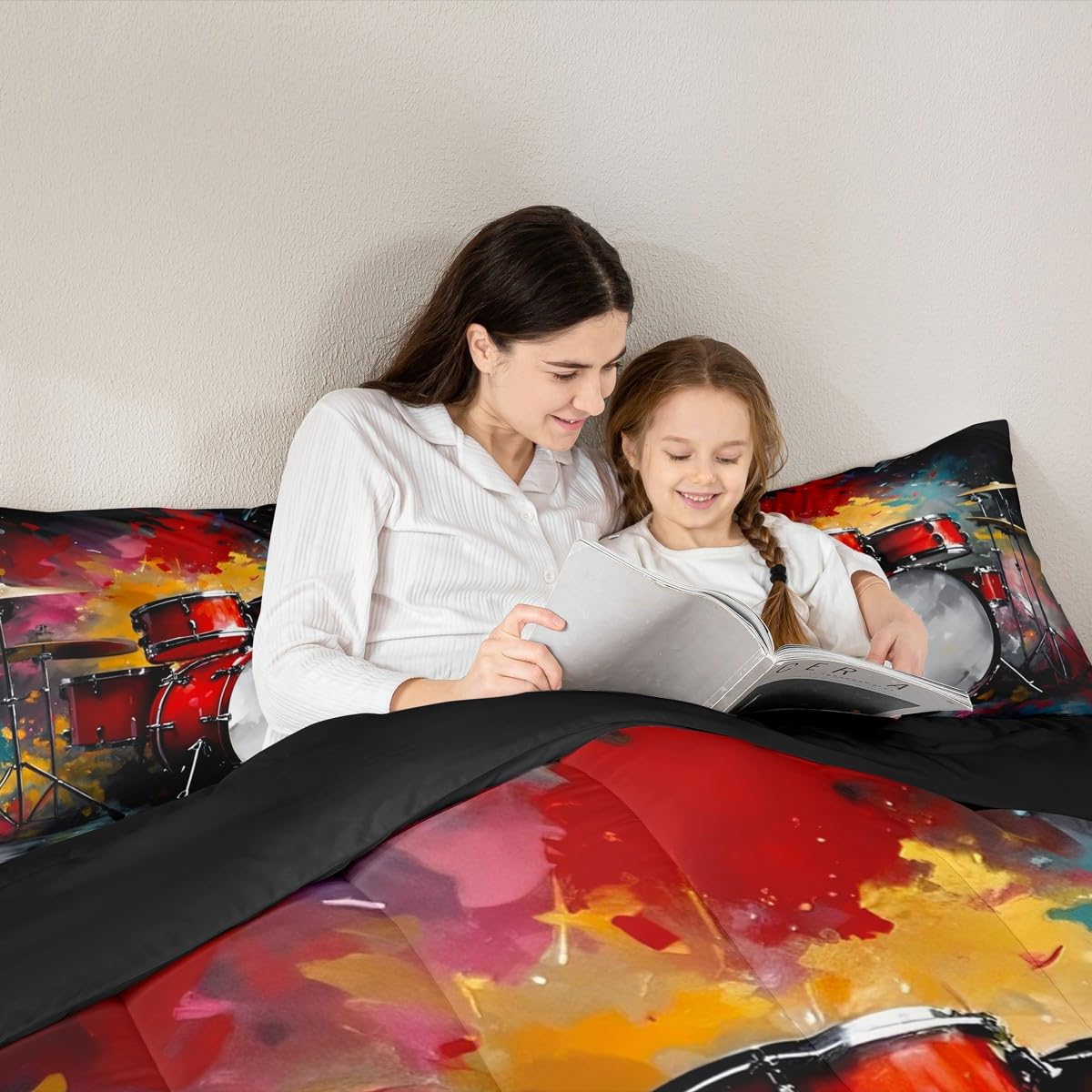 Erosebridal Drum Kit 3D Print Kids Comforter Sets Rock Music Themed Queen Bedding Set for Boys Girls Musical Pattern Comforter Set,Colorful Retro Style Quilt Duvet 3 Pcs
