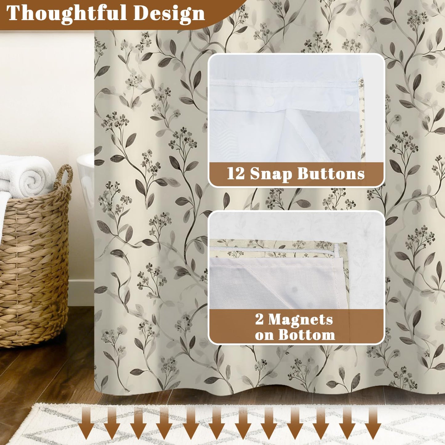 Xiazhilaio Beige Botanical Shower Curtain with Snap in Liner, 71x74 Inch
