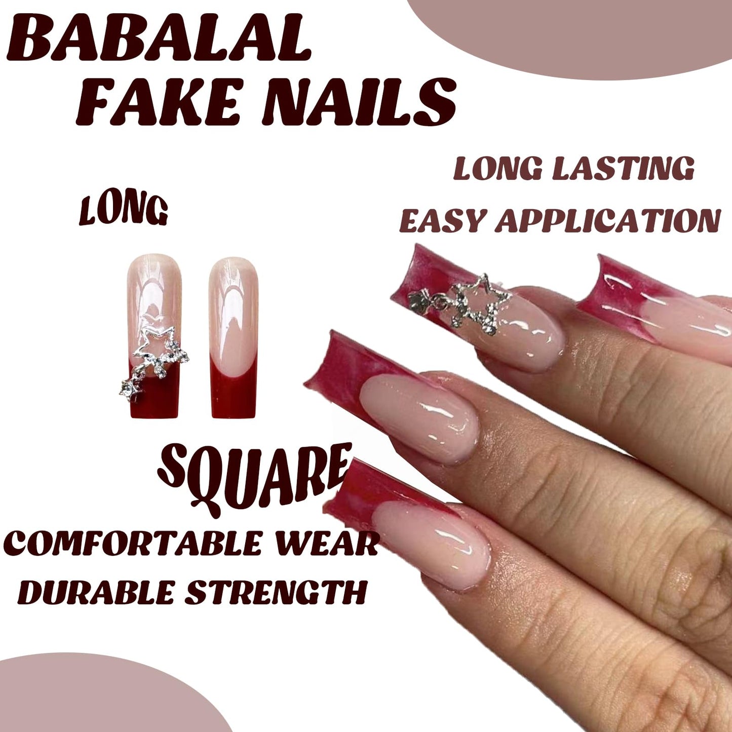 BABALAL Long Square Press on Nails Red French Tip Fake Nails 3d Star Nail Charm Acrylic Nails 24pcs Squoval Artificial False Nail for Women and Girls