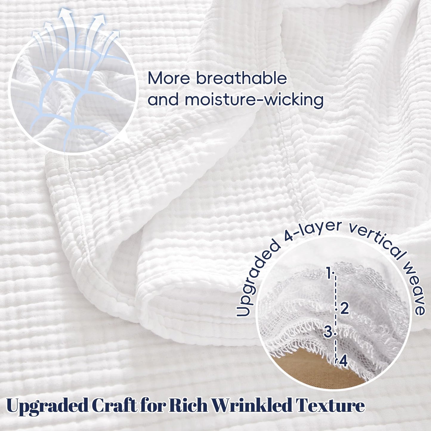 PHF 100% Cotton Muslin Throw Blanket 50" x 60", 4-Layer Lightweight Gauze Throw, Breathable Cloud-Soft Minimalist Blanket for Bed, Couch, Camping & Baby, White, Ideal Gift