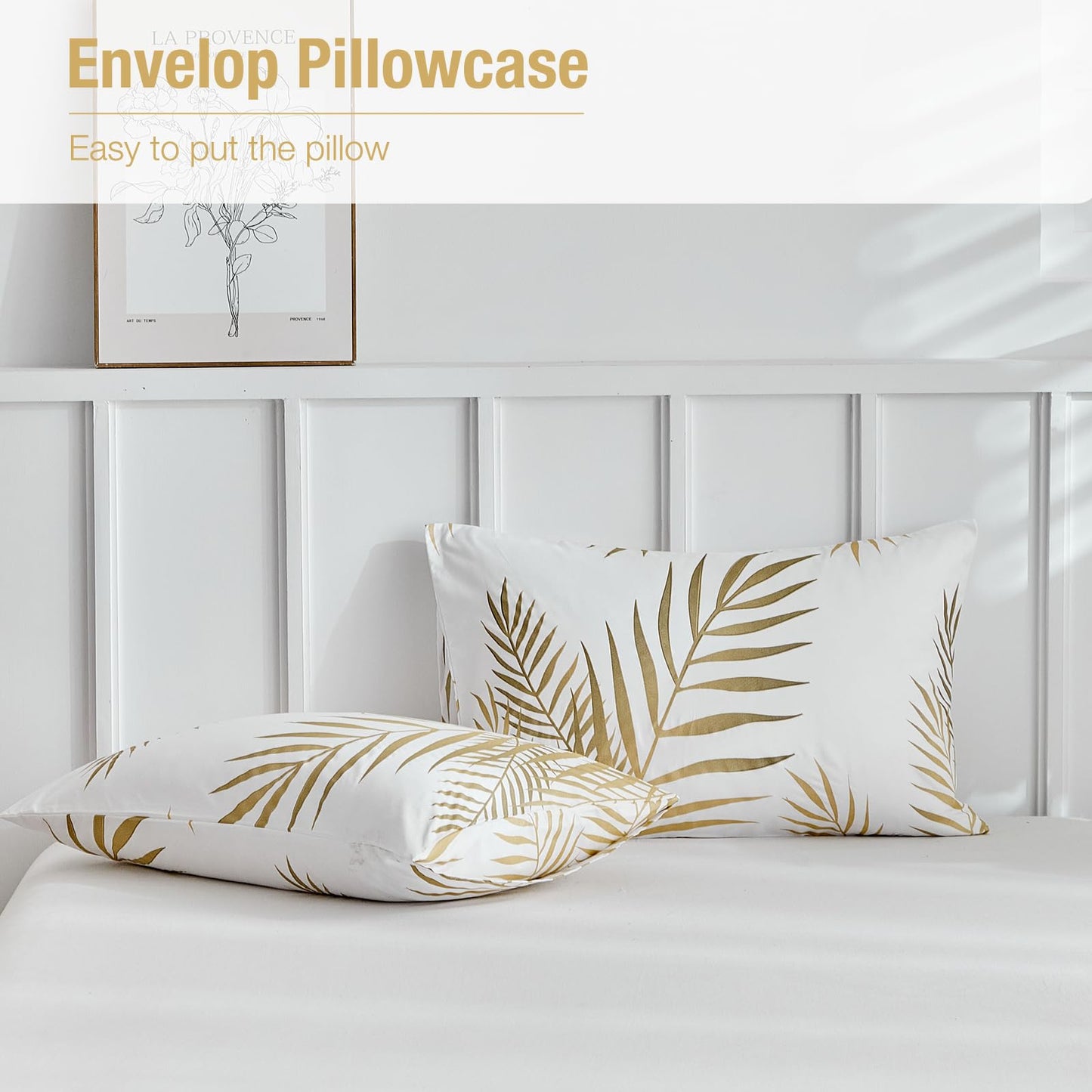 Lekesky King Duvet Cover Set, White and Gold Tropical Palm Leaf Pattern Comforter Cover King Size, 3 Pieces Soft Microfiber Bedding Sets with Zipper & 2 Pillowcases, Comforter Not Included