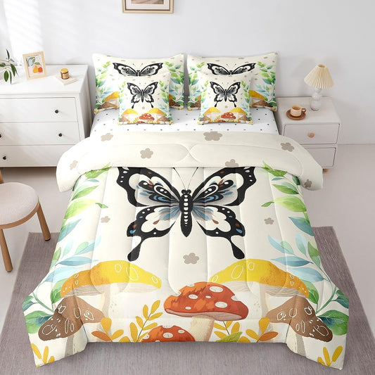 Feelyou Kids Butterfly Floral Bed in A Bag Twin Size, Bohemian 7 Pieces Bedding Set Boys Girls Cute Mushroom Comforter Set with Sheets Boho Exotic Teens Bed Set Bedroom Decor 7Pcs