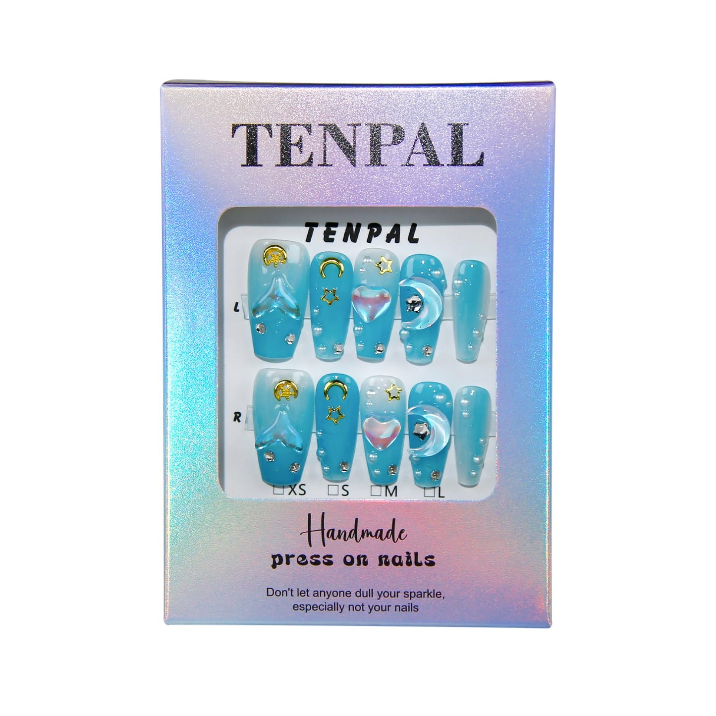 TENPAL Blue Mermaid Ombre Handmade Press on Nails Coffin,10Pcs 3D Glowing Hearts Seashells Designs Glue on Nails Kit,Ocean Siren Vibes Fake Nails for Summer, Sea Nails for Dressing(XS)