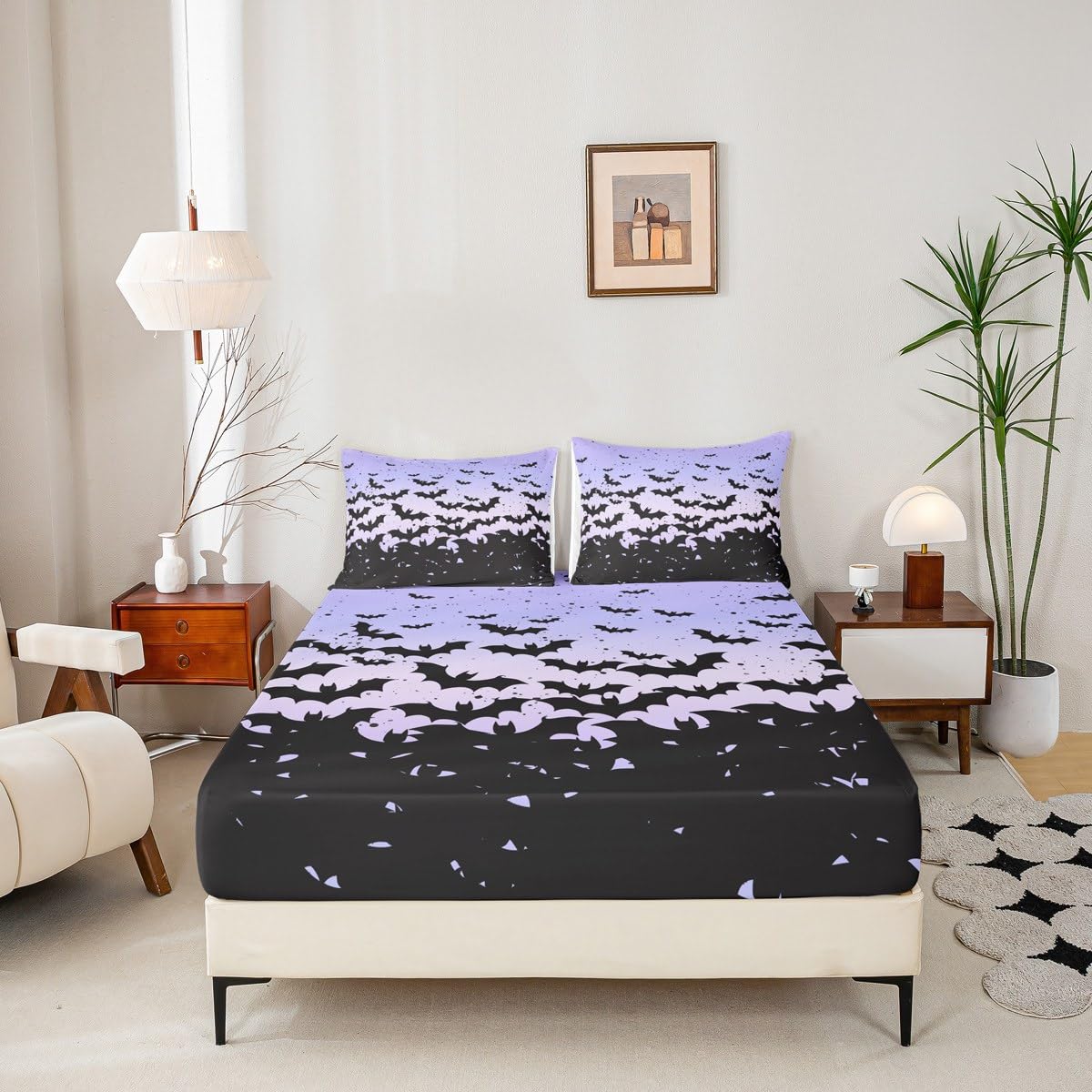 Happy Halloween Kids Sheet Full Size,Black Bats Gothic Chic Bedding Set,Boys Girls Adults Room Decor,Blue Purple Ombre Romantic Simple Style Bed Sheet Set 4pcs(Fitted + Flat + 2 Pillowcases)