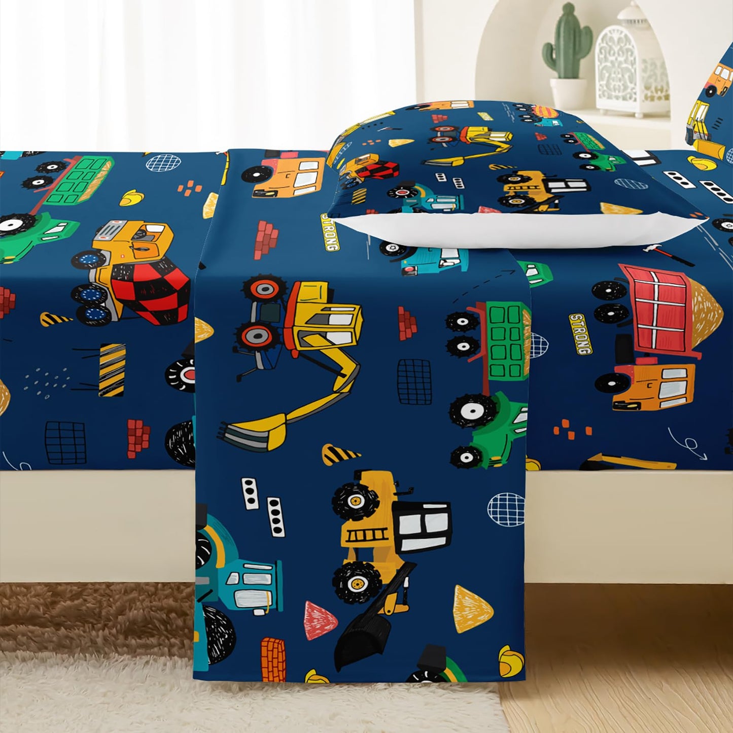 QOOMO Construction Kids Bed Sheets Twin Size,Trucks Print Bedding Sheet Set,4Pcs Excavator Deep Pocket Bed Sets with 1 Fitted Sheet 1 Flat Sheet 2 Pillowcases for Boys Girls Teens
