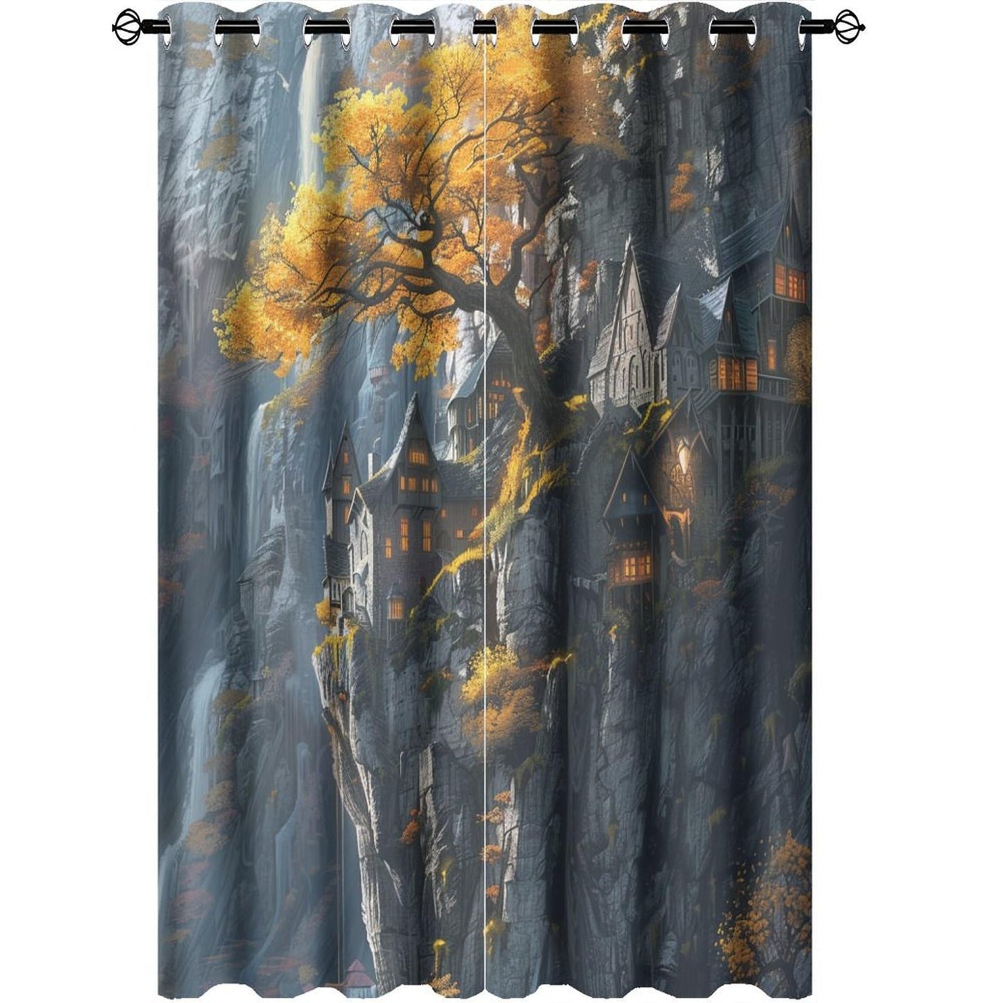 TOWINSFB Autumn Tree Cabin Landscape Blackout Curtains for Bedroom/Living Room, Retro Rustic Forest Mountain Grommet Curtains Thermal Insulated Window Drapes, 2 Panels, Each 21W x 63L