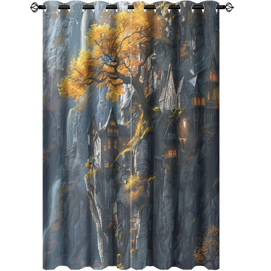 TOWINSFB Autumn Tree Cabin Landscape Blackout Curtains for Bedroom/Living Room, Retro Rustic Forest Mountain Grommet Curtains Thermal Insulated Window Drapes, 2 Panels, Each 21W x 63L