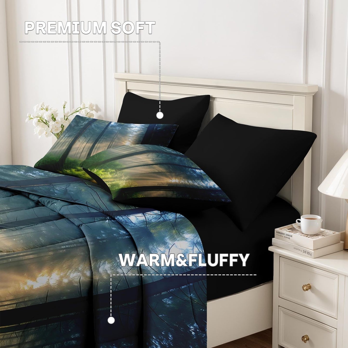 Nesker Comforter Set Full Size, Sunlit Forest Nature 7 Pcs Bedding for Kids and Adults, Misty Tree Forest Bed Sheet Sets with Fitted Sheet 2 Pillowcases & 2 Shams