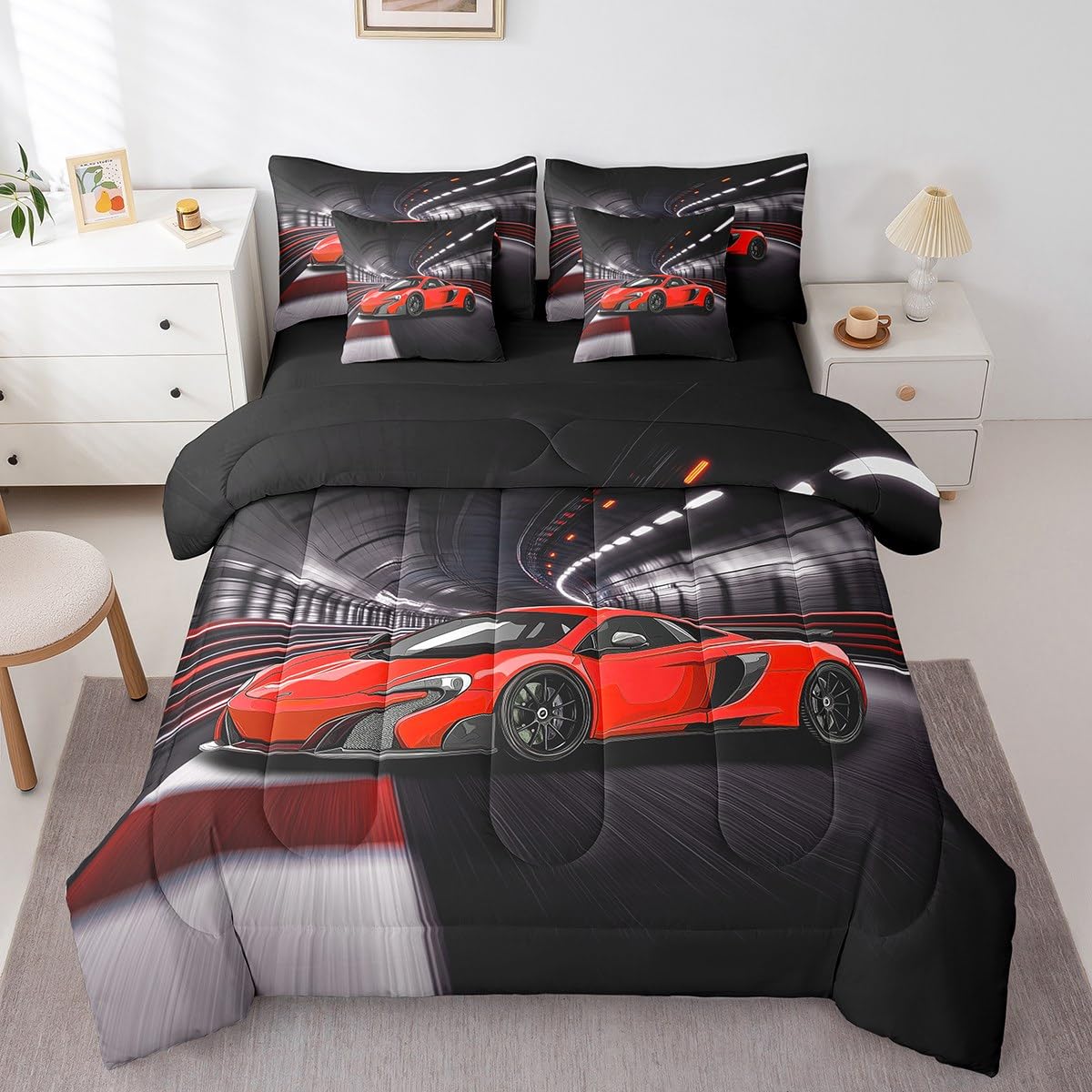 Speed Sports Car Bed Set Tunnel 7 Pieces Bedding Set for Kids Red Racing Car Bed in a Bag with Comforter, Sheets, Pillowcases Ultra Soft Extreme Sports All Season Breathable Lightweight Twin Size
