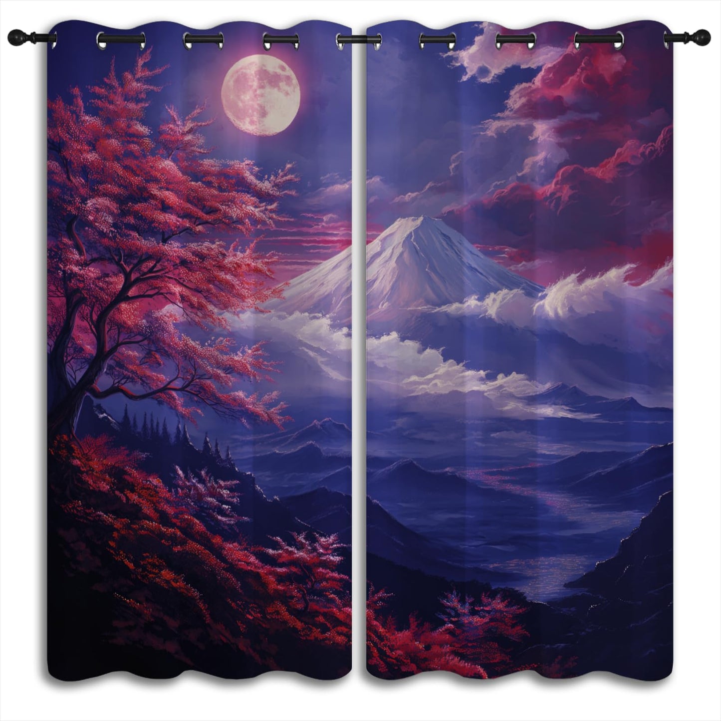 Japanese Style Blackout Curtains for Boys Girl Bedroom Home Decor,Anime Asian Mt. Fuji Red Plum Moon Landscape Painting Thermal Insulated Grommet Darkening Living Room Window Drapes, 72 x 63 inch