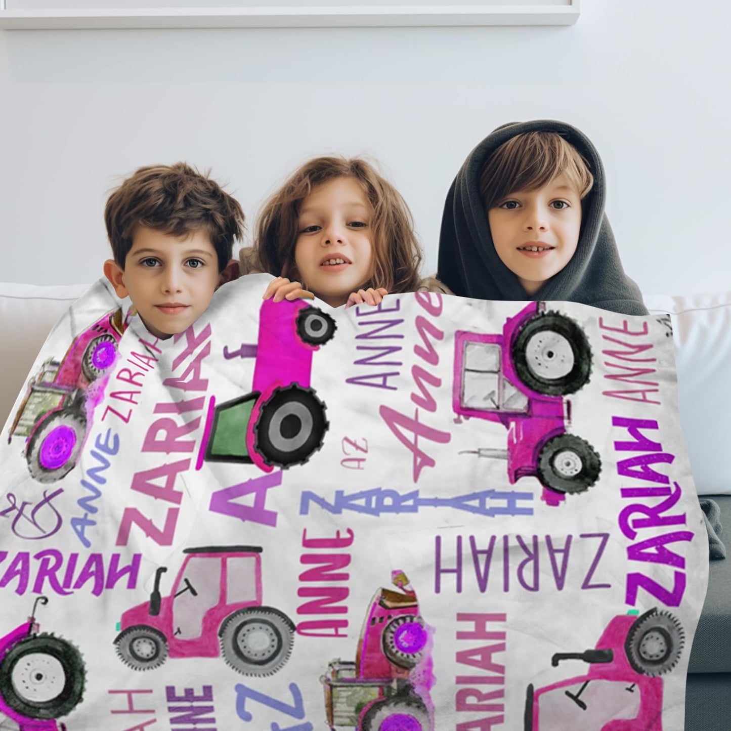 Personalized Tractors Blanket - Custom Name with Farm Tractor Trucks Design - Soft Plush Flannel Bed Blanket for Baby Kid Teen Boys Girls Customized Gifts White & Purple