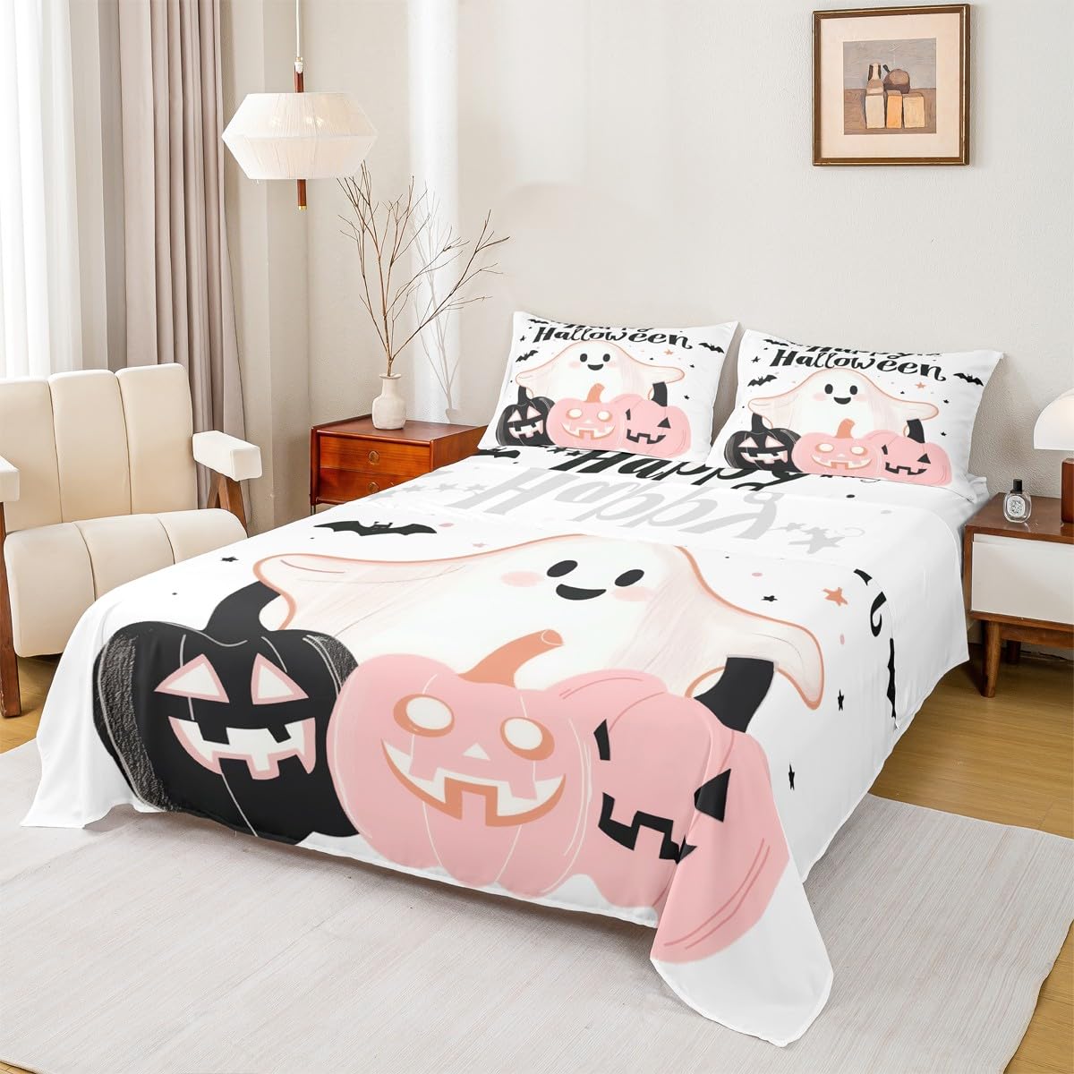 Feelyou Happy Halloween Bed Sheets Set Full Size Pumpkin Deep Pocket Fitted Sheet Halloween Decor Bedding Sets Cute Ghost Soft Bed Set 4Pcs with 2 Pillow Cases