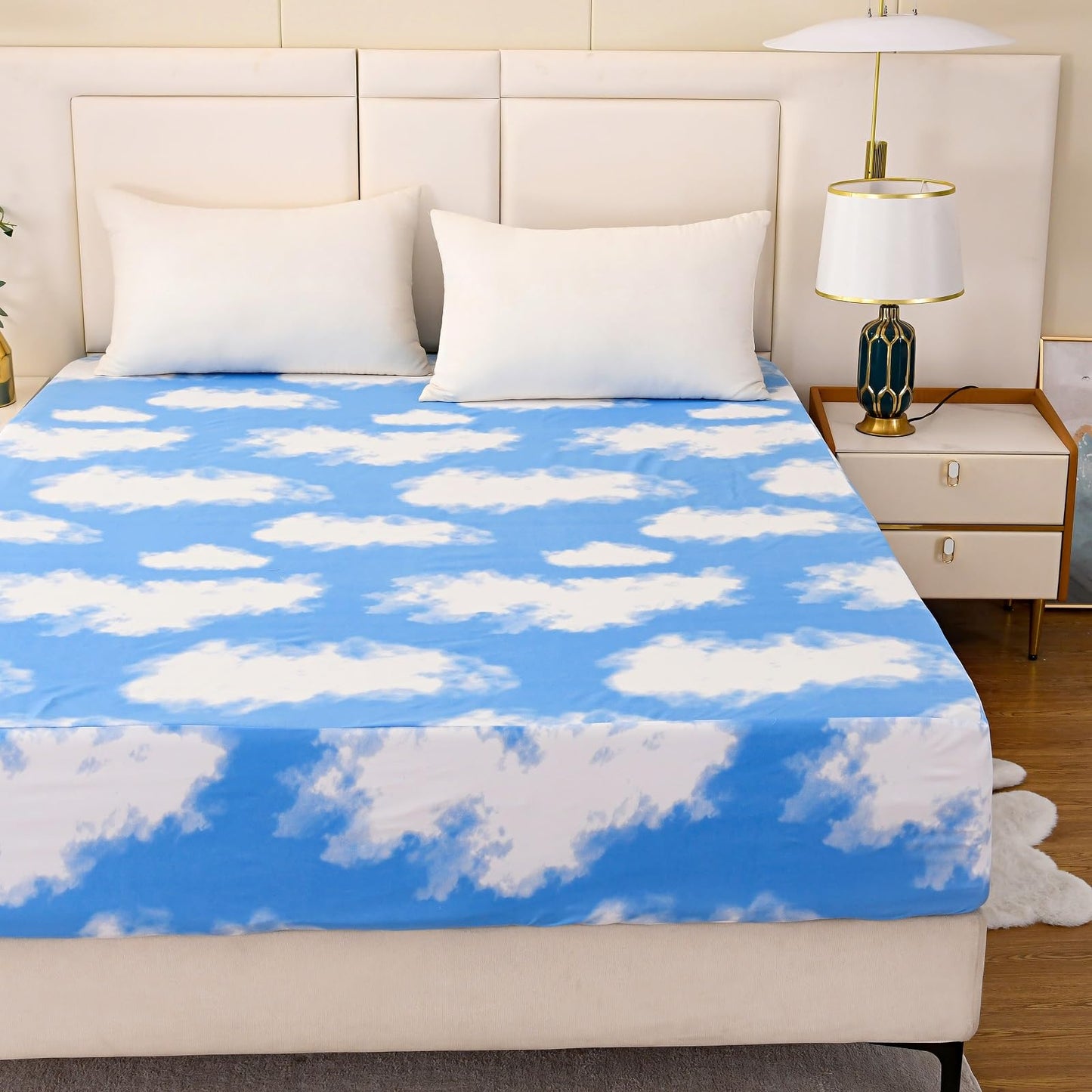 NATURETY Bedding Fitted Sheet with Deep Pocket for Single Bed Mattress Cover Sheets,White Cloud Printed Fabric Bed Sheets (Blue Sky, Queen)