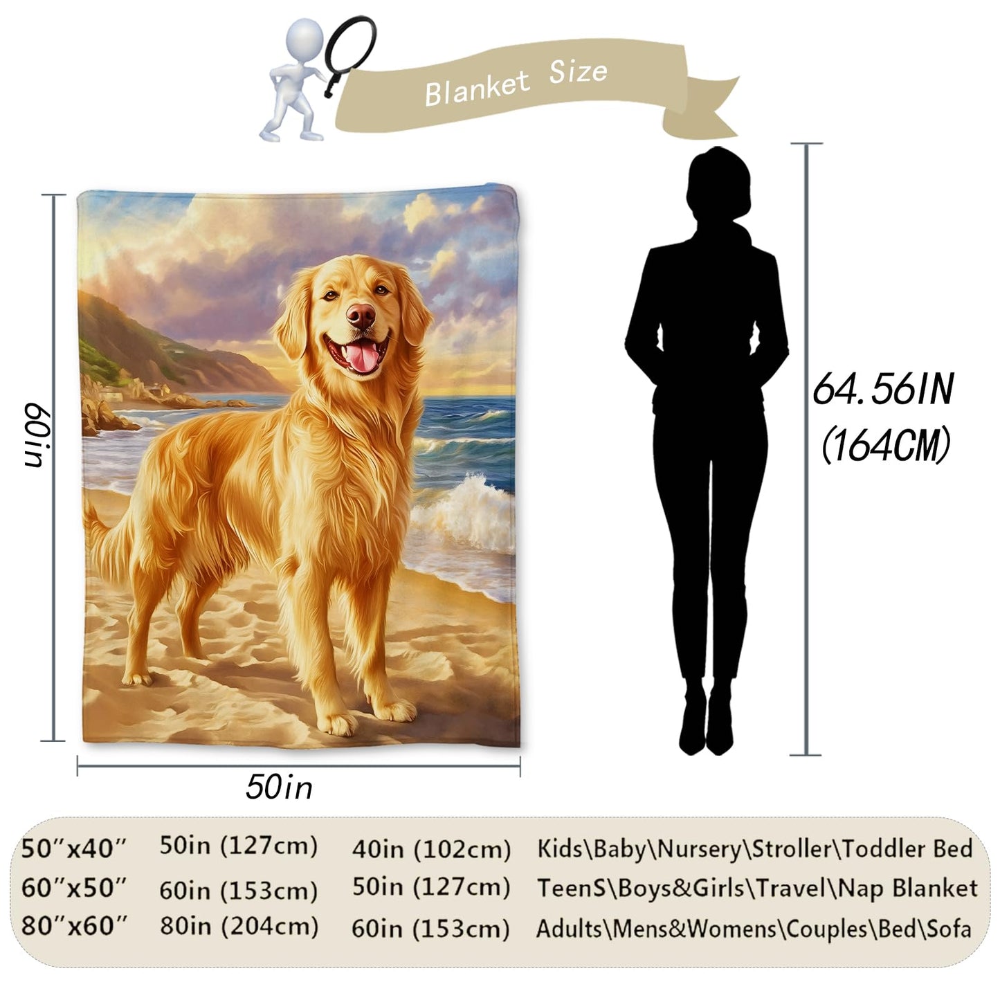 Ti Caldi Cute Golden Retriever Dog Blanket, Soft Lightweight Flannel Throw Blanket for Couch, Bed, Travel & Home Decor, Fuzzy Cozy Warm Blankets for Adults Kids Women Men 60×50 in