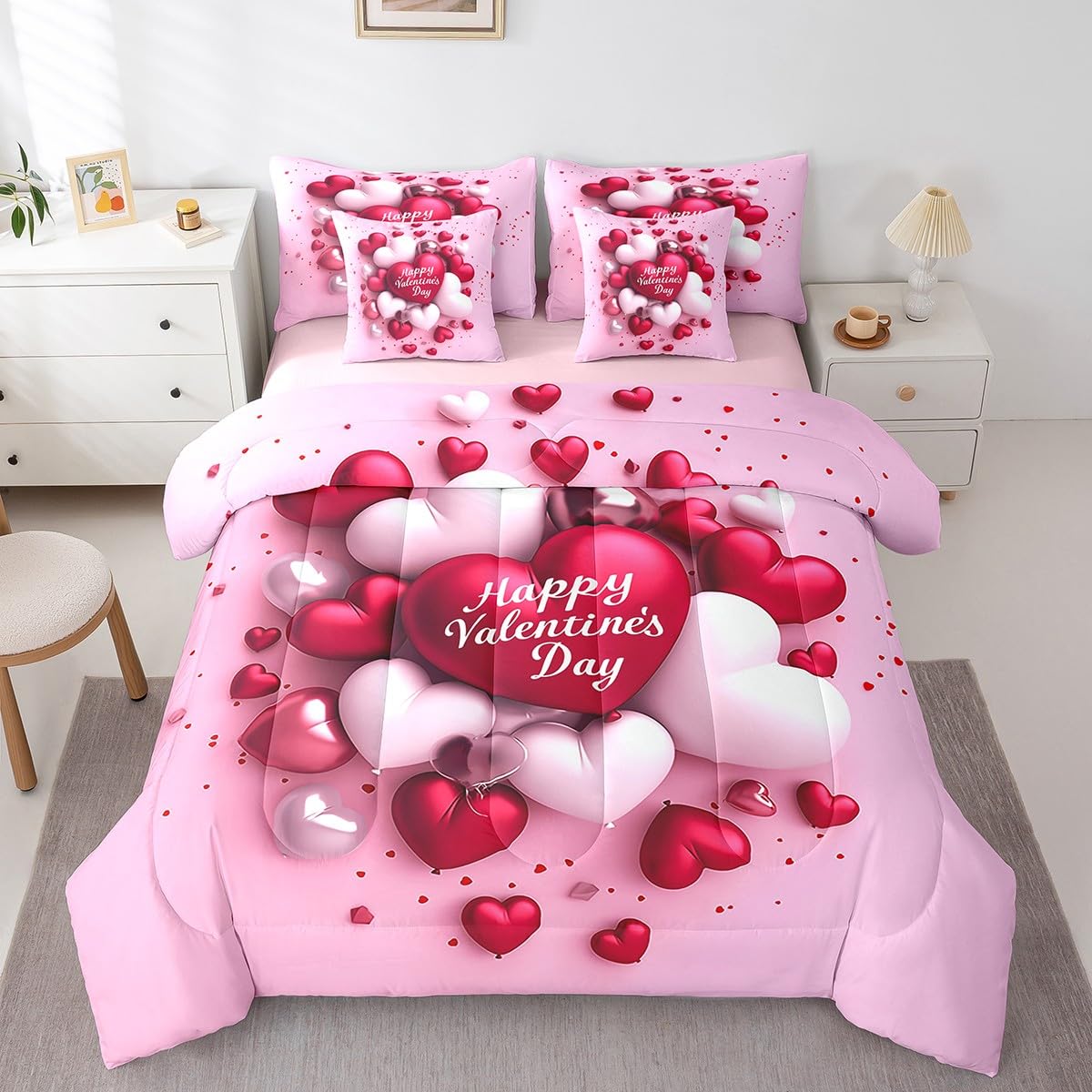 Erosebridal Happy Valentine's Day Bed in A Bag Romantic Love Balloon Comforter Set for Girls Teen Women,Pink Red Balloon 7 Piece Bedding Set Full Size,Soft Lightweight Pink Sheet Set with Comforter