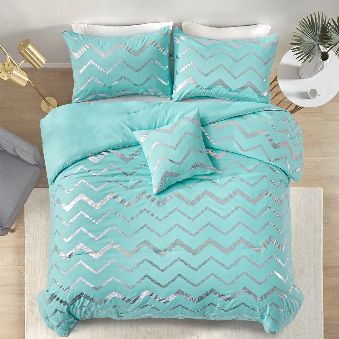Menghomeus Aqua Comforter Set Twin XL Size Teal and Silver Bed Comforter 3 Piece Lightweight Microfiber Bedding for Teen Girls Boys (2 Pillow Cases + 1 Decorative Pillow Sham)