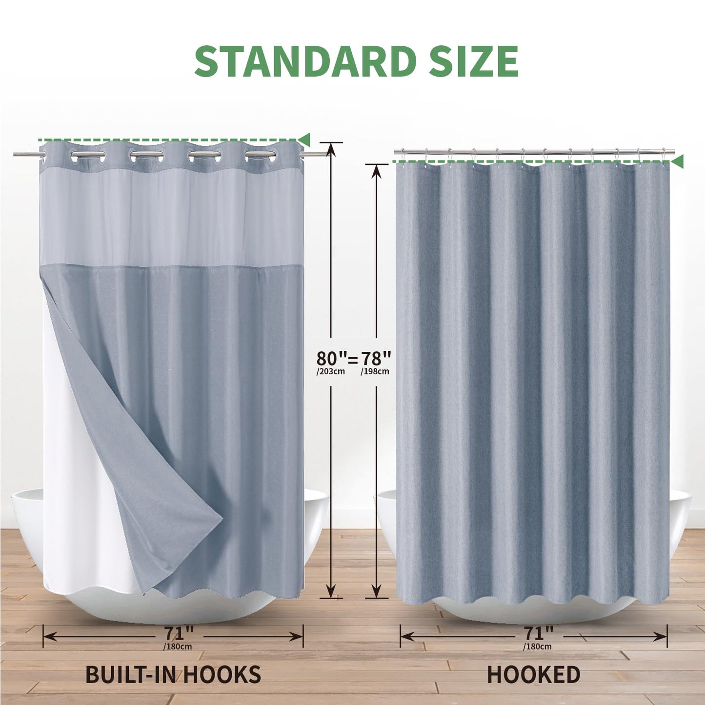 eachope Blue Long No Hook Shower Curtain with Snap-in Fabric Liner Set,Slub Textured Fabric Shower Curtains for Bathroom,Hotel Style Modern Shower Curtain,Water Repellent & Washable,71x80(78)