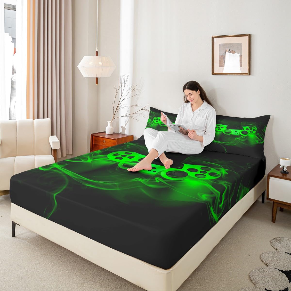 Gamer Fitted Sheet Set Twin Size for Boys Gaming Fitted Bed Sheets for Kids Boys Gamer Room Decor Black Green Smoky Gamepad Games Deep Pocket Trippy Geometric No Top Flat Sheet with 1 Pillow Case