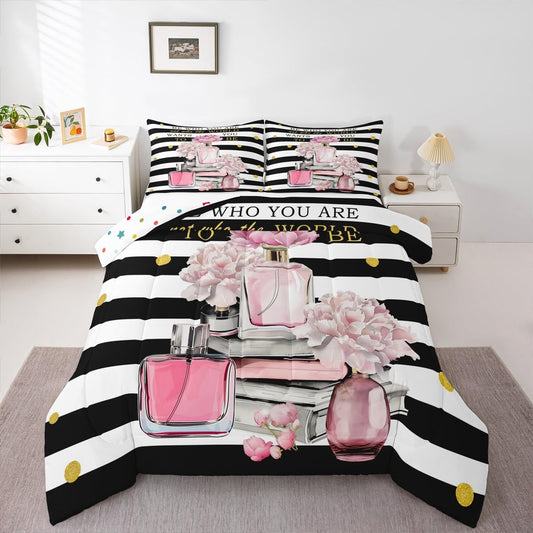 Erosebridal Pink King Bedding Set for Girls Kids Teens Girly Boho Fashion Preppy Cute Comforter Geometric Modern Black and White Stripe Duvet Insert Women Perfume and Book Coquette Bow Quilt