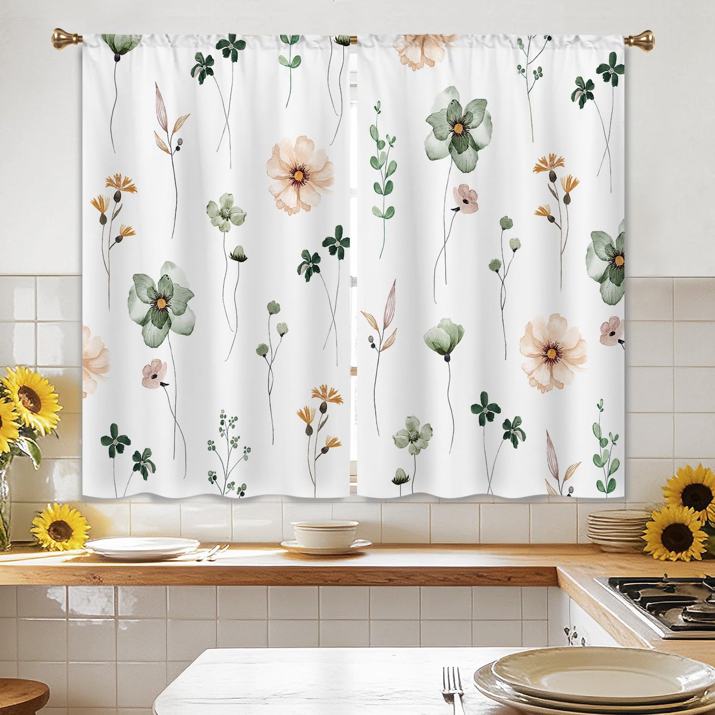 Cizuug Kitchen Curtains Boho Country Green Flower Small Short Small Short Cafe Tier Curtains Decor for Living Dining Room Bathroom RV Rod Pocket Window Drapes Treatment 2 Panels (27.5x39Inch)