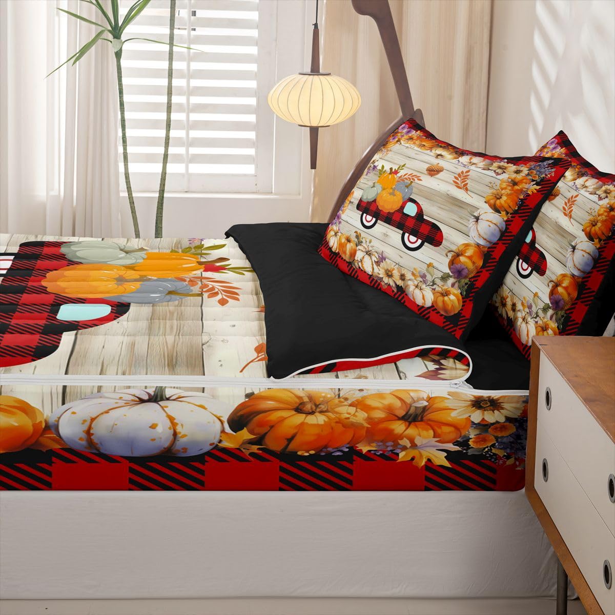 Feelyou Halloween Pumpkin Car Queen Comforter Set with Fitted Sheet Kids Farmhouse Autumn Plants Themed Zipper Bedding Pumpkin Day Zipper Bedding Sets Halloween Style Plaid Print Bed in A Bag