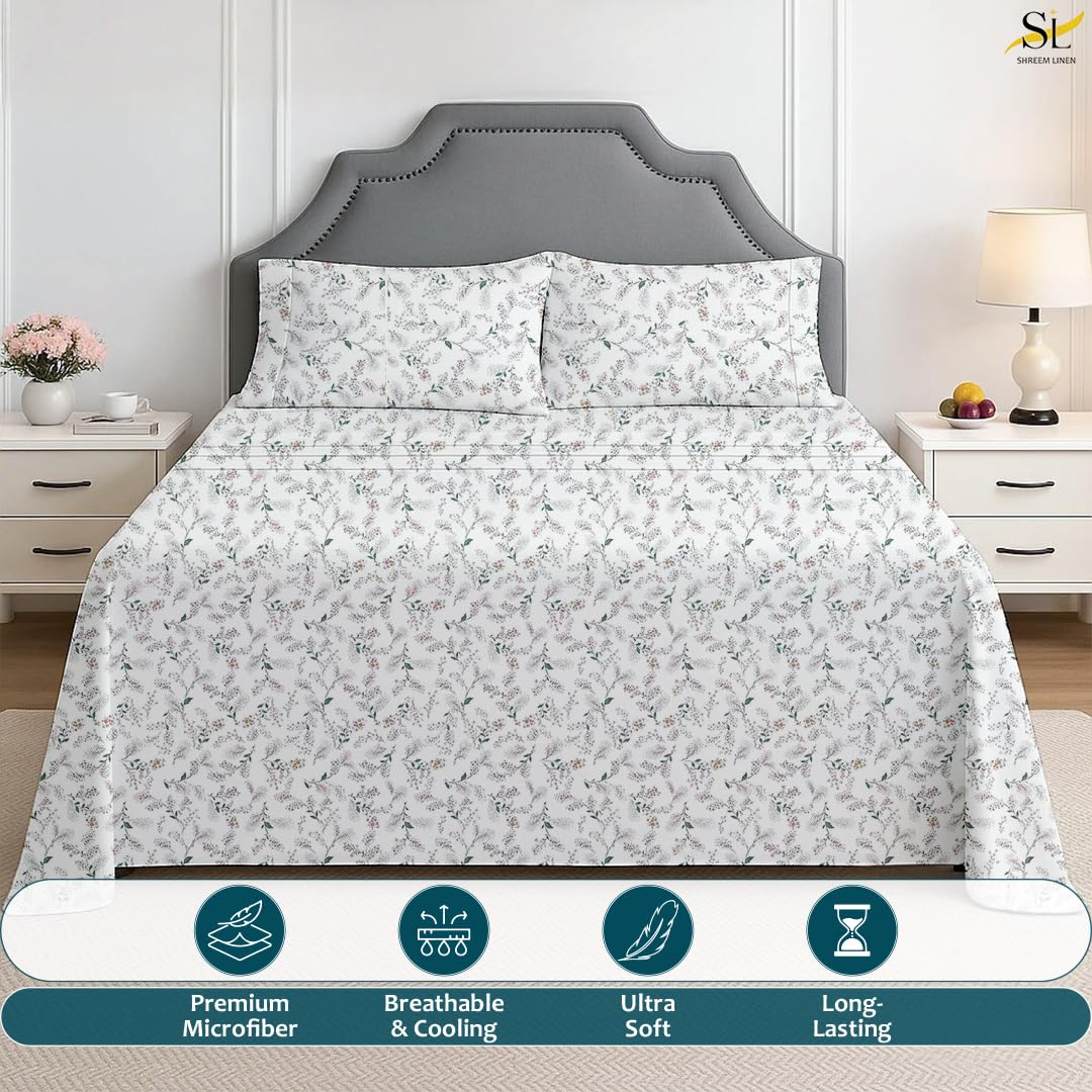 Shreem Linen Queen Sheet Set 4 Piece Bedding, Brushed Microfiber Soft Sheets for Queen Size Bed with Flat, Fitted Sheet, 2 Pillow Cases (CocoLeaf)