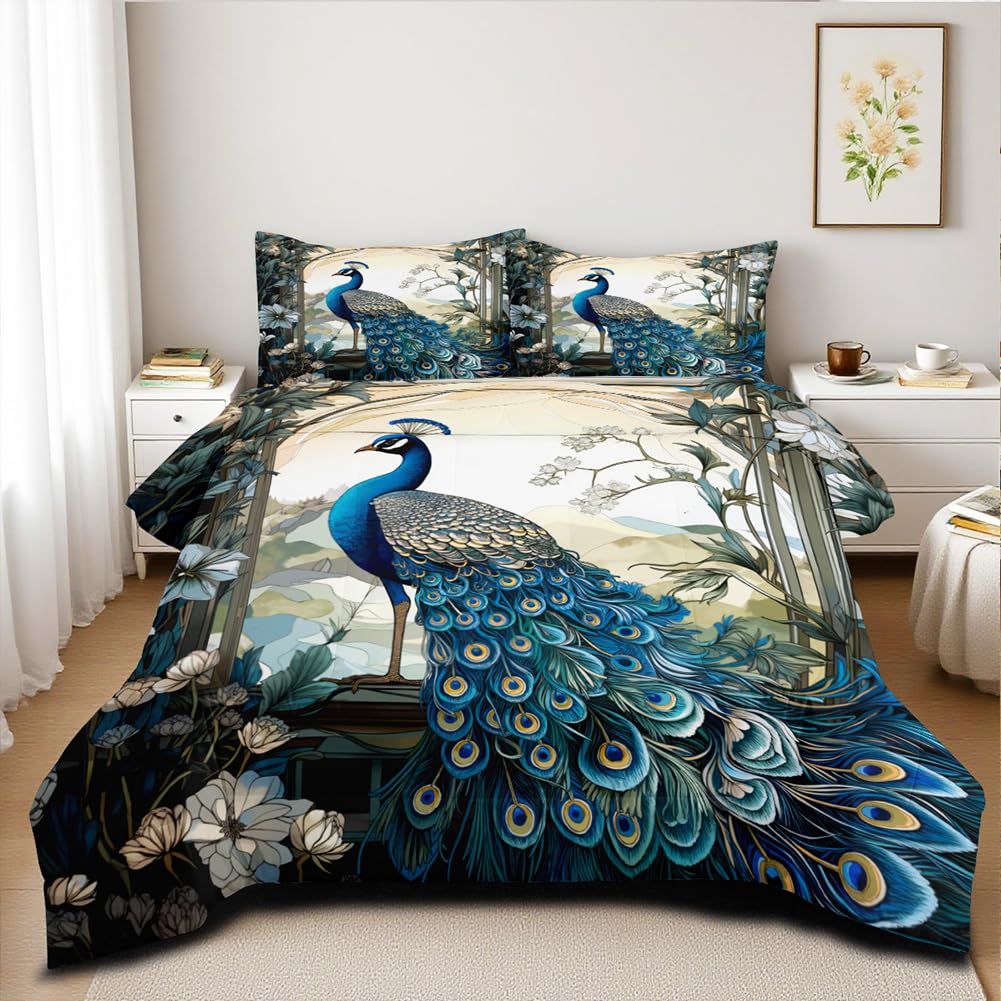 CCoutueChen Blue Peacock Comforter Set King Size Bird and Floral Bedding Set Animal Feather Bedding Sets Victorian Style Flower Birds Comforters Soft Down Alternative Comforter Sets for All Season