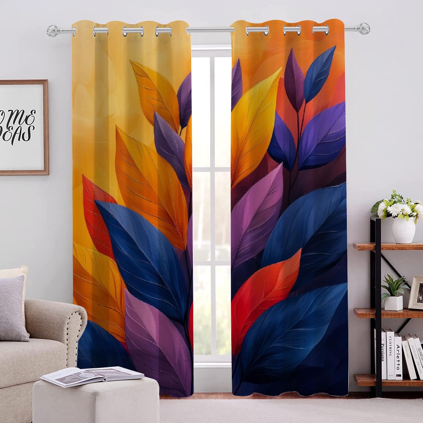Colorful Plant Leaves Blackout Curtains, Yellow Brown Background Window Curtain Set of 2 Panels, 3D Printed Darkening Thermal Insulated Drapes for Bedroom Home Living Room(52" W x 84 "L)
