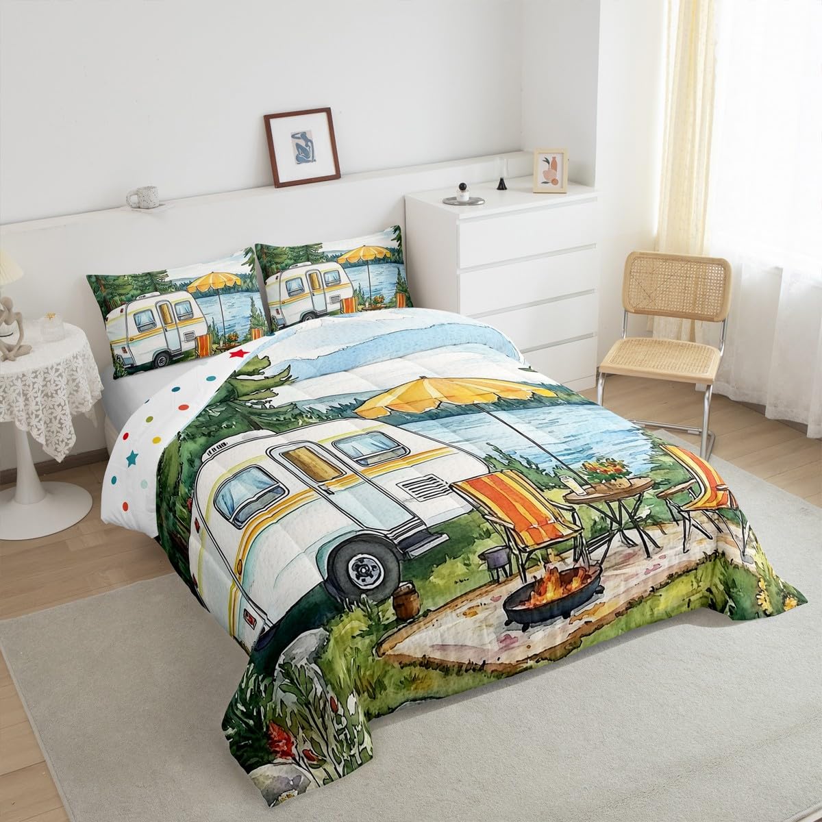 Erosebridal Camper Rv Car Bedding King,Happy Camping Comforter Set Travel Trailers Bed Sets Watercolor Painting Theme Duvet Insert 3 Pieces