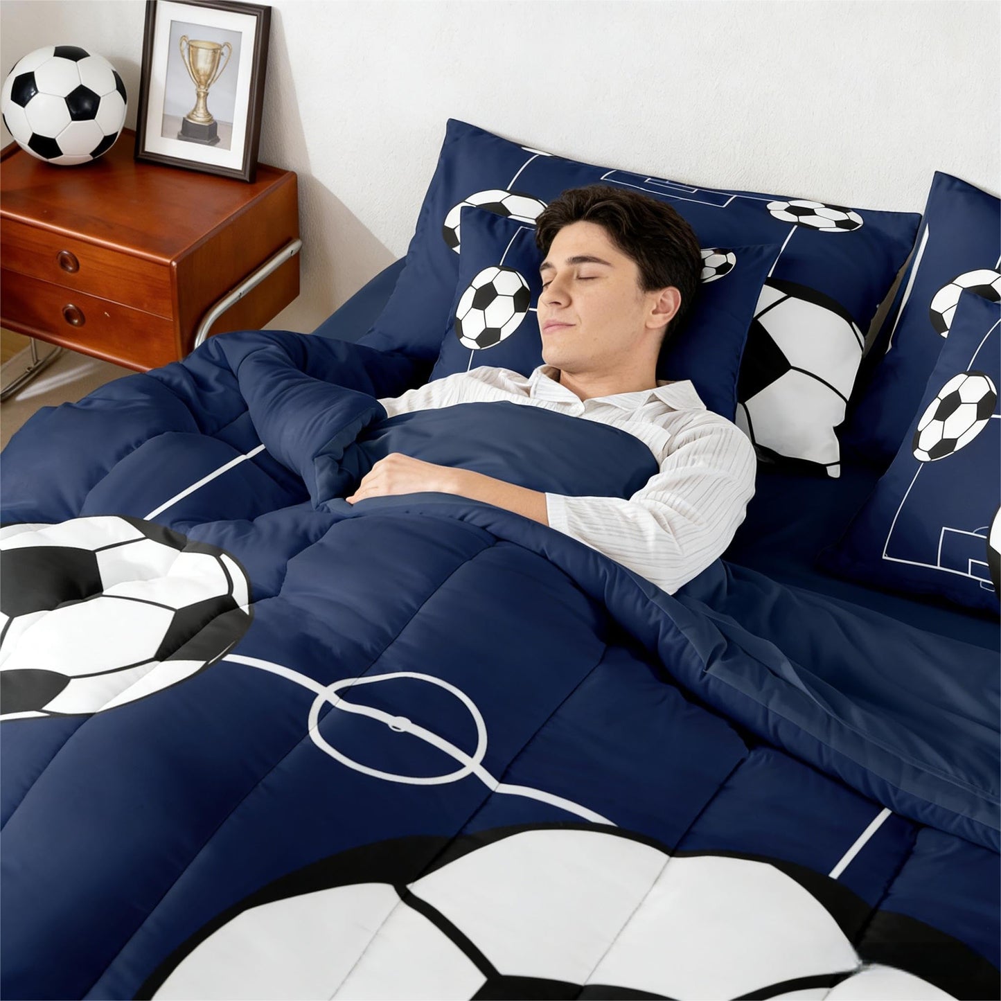 Erosebridal Football Bedding Set Full Size 7 Pieces Boys Sports Theme for Teens Soccer Ball Pattern Bed in a Bag Football Court Comforter Set with Sheets Playground Blue White for Kids Girls