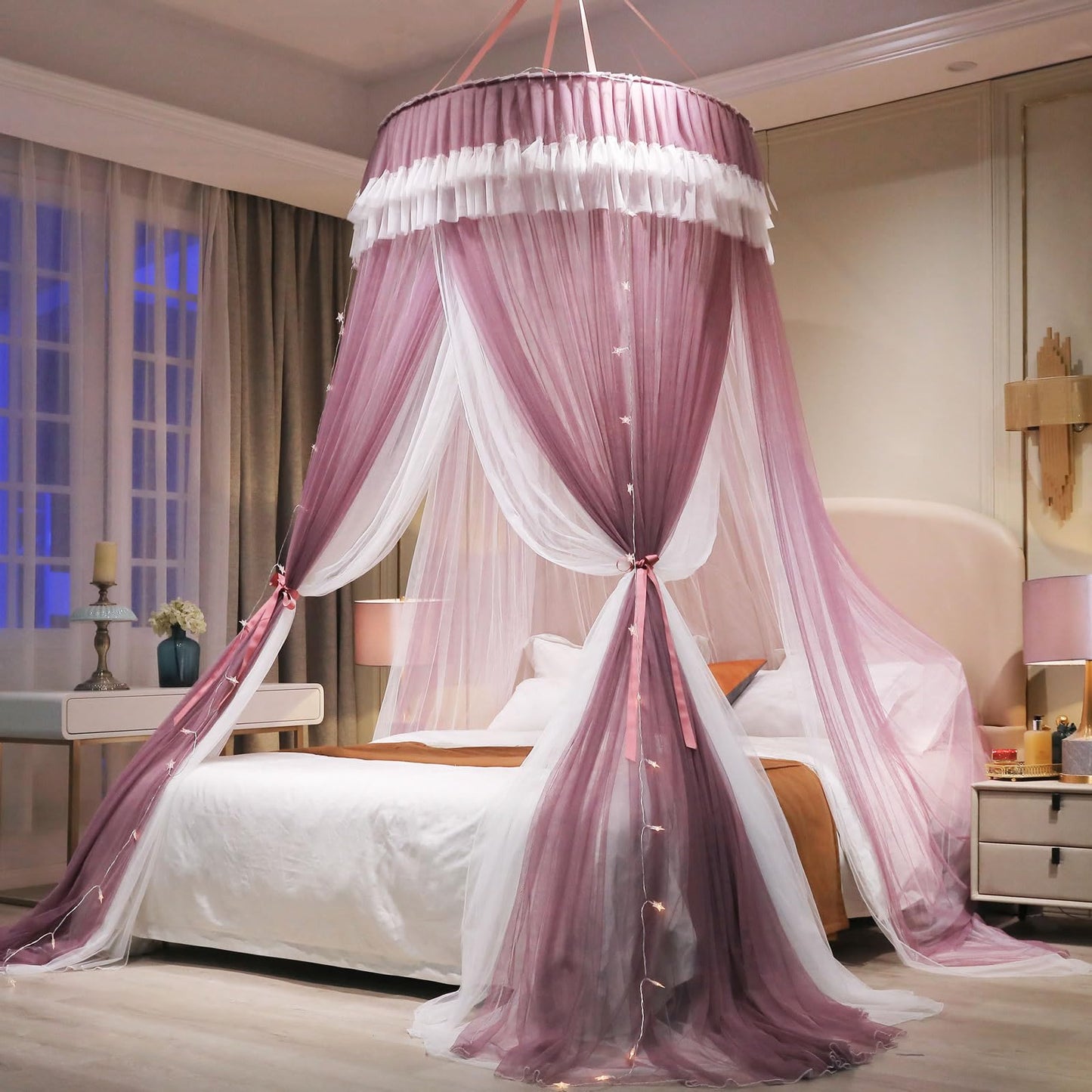 AIKASY Girls and Adults Canopy Bed, Elegant Double-Layer Bed Curtain, Children's Dream Round Lace Mosquito Net, Princess Canopy Net - Fits Twin, Full, Queen, and King Beds (White/Red Bean)