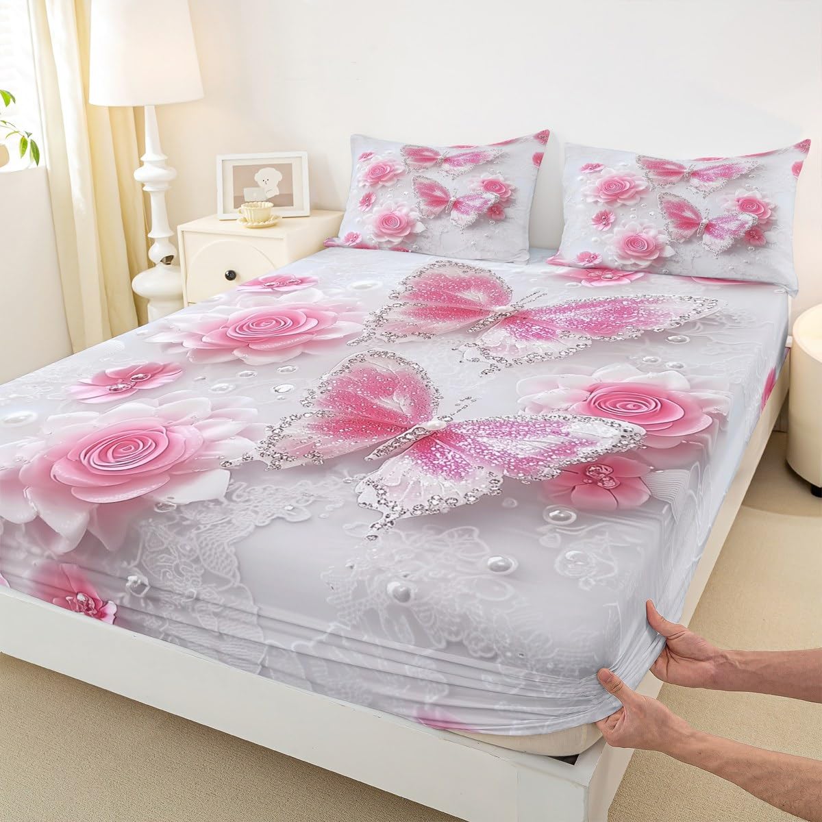 jejeloiu Kids Butterfly Fitted Sheet Twin Size for Kids Boys Girls Butterflies Print Bed Sheets Set 16" Deep Pocket Soft Breathable Microfiber Rose Bedding with 1 Pillowcase Garden Flower Room Decor
