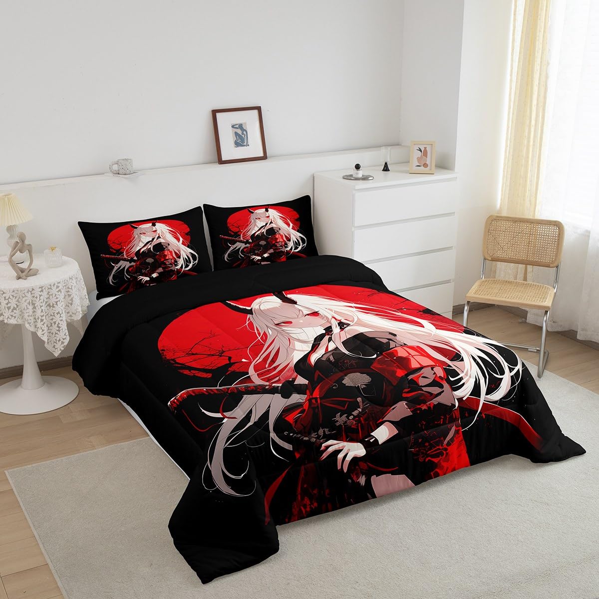Erosebridal Full Japanese Anime Bedding Set for Kids, Anime Girl Comforter Set Kawaii Japanese Style Duvet Insert Cartoon Japan Animation Quilt for Boys Teens Adult Women Bedroom, Red Black