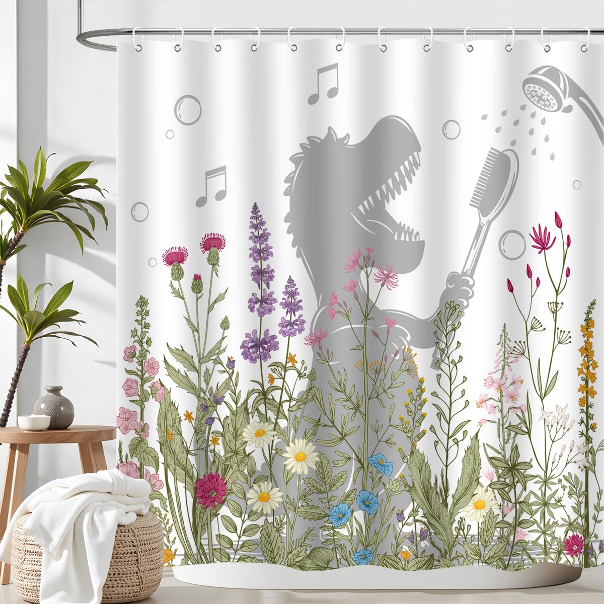 BIYSUC Dinosaur Shower Curtain Funny Dino Sing Bathe Behind Wildflowers Trex Silhouette Shadow for Kids Bathroom Home Decor Waterproof Polyester Fabric 72Lx72W Inch with Hooks
