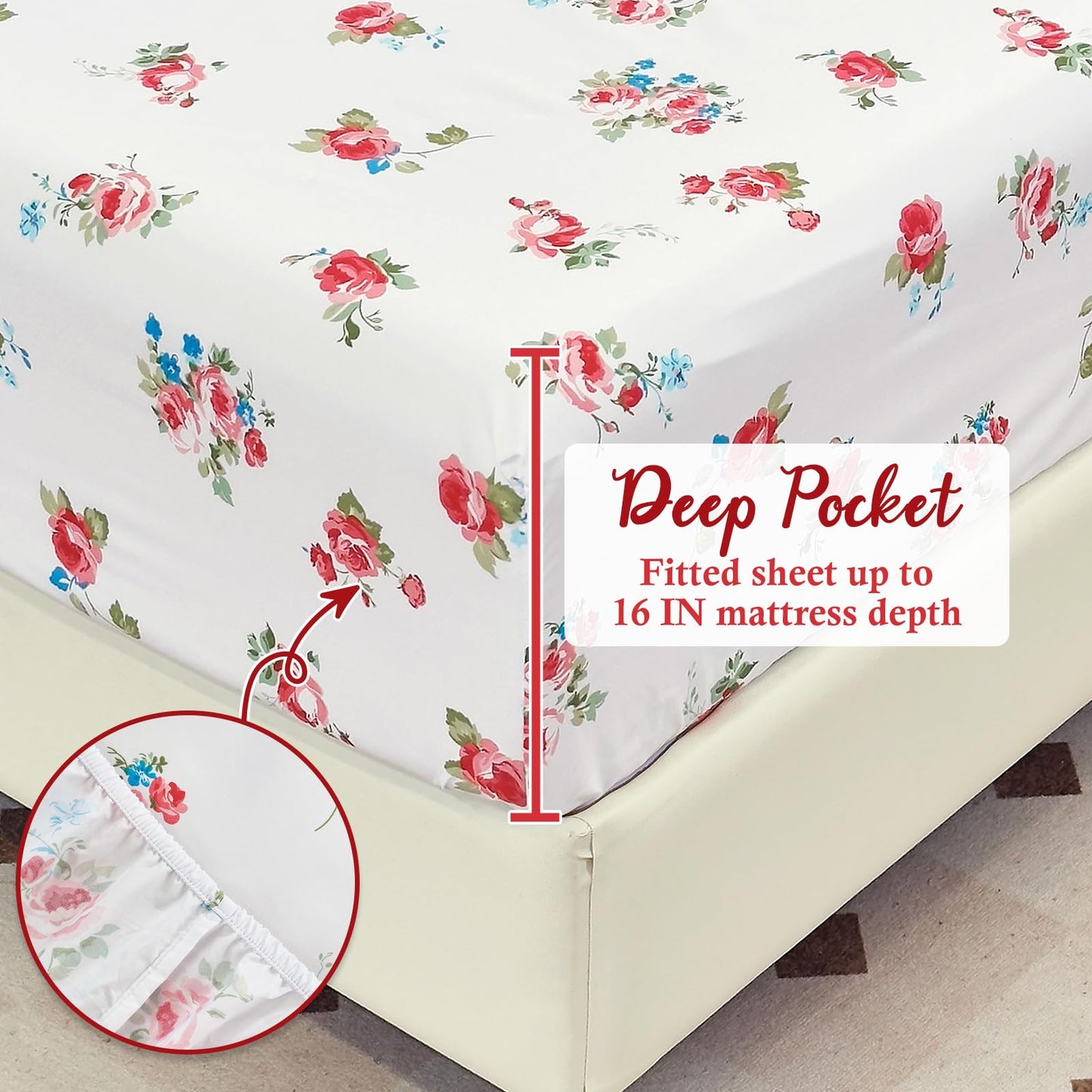 MICORAL Floral Queen Sheet Set, 4-Piece Printed Bed Sheets, 16" Deep Pocket, Ultra Soft & Cooling Sheet, Oeko-TEX Certified, Garden Rose