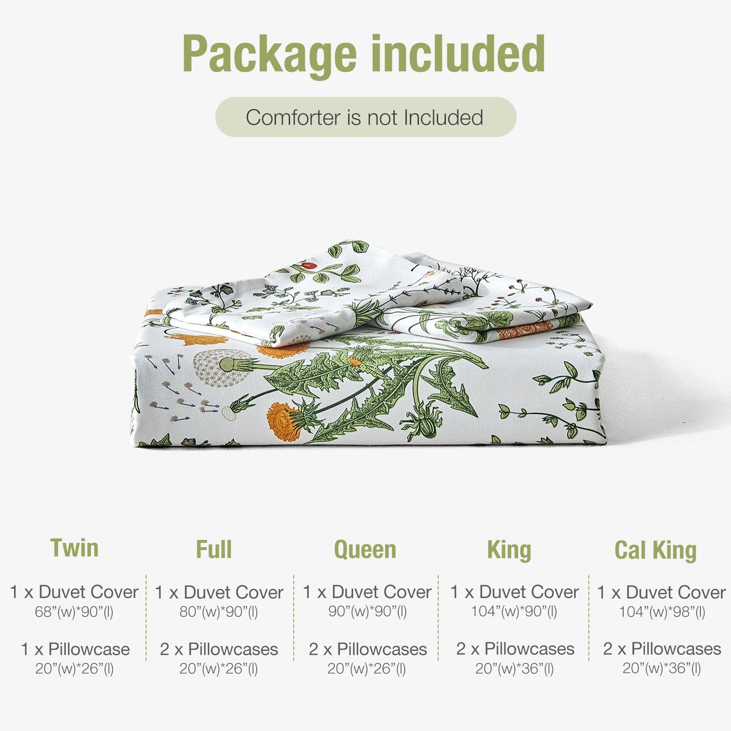 Lekesky King Size Duvet Cover Set, Lightweight Soft Microfiber Comforter Cover, Reversible Duvet Cover King with Floral Pattern, 3 Pieces Green Bedding Set with Zipper and 2 Pillowcases