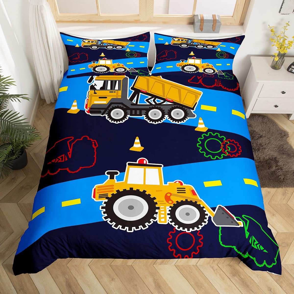 Truck Duvet Cover Boys Full Bedding Sets Kids Excavator Equipment Truck Comforter Cover Construction Vehicle Quilt Cover Cartoon Machinery Truck Gear Bedding Bulldozer Tractor Cars Bedding,Colorful