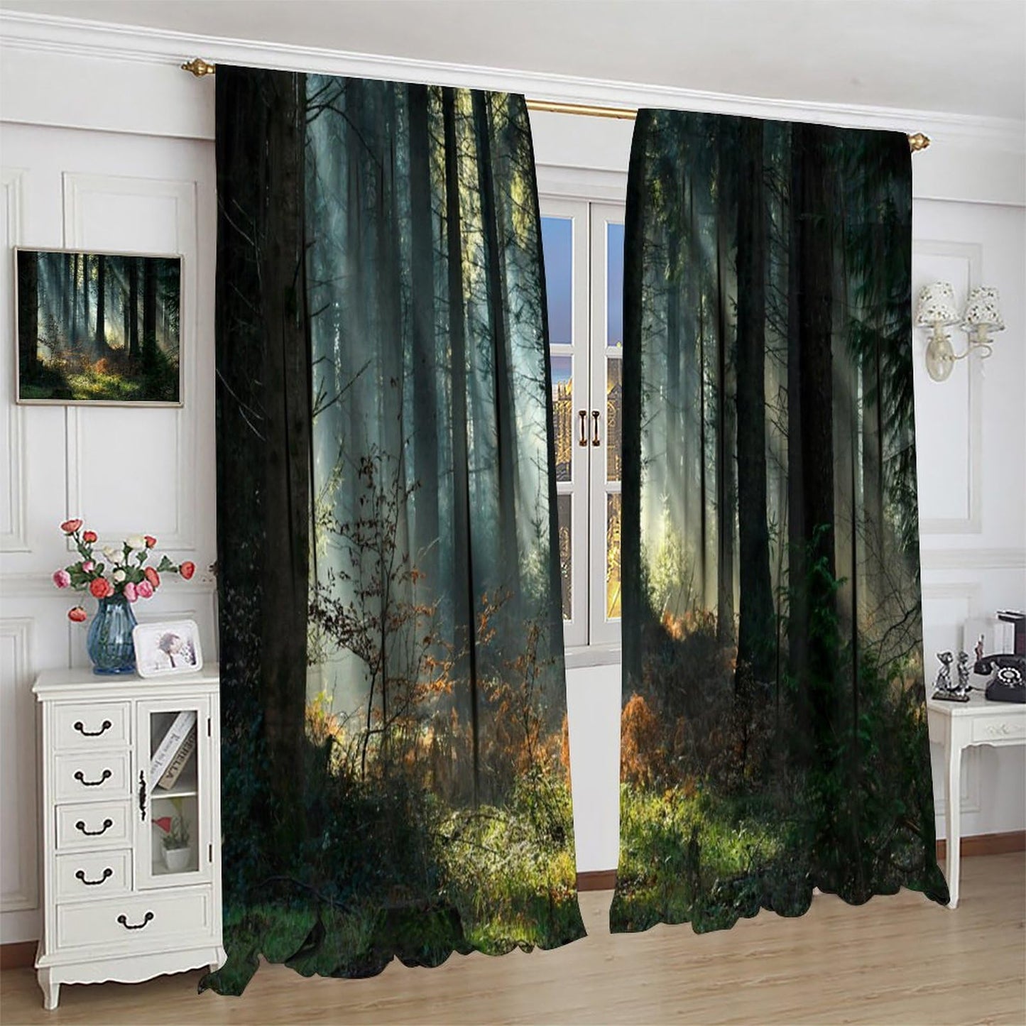 Forest Blackout Window Curtain，Sunbeams in The Dark Forest Deep Forest Tree for Bedroom Living Room Darkening Window Drapes 2 Panels 42x45 Inch